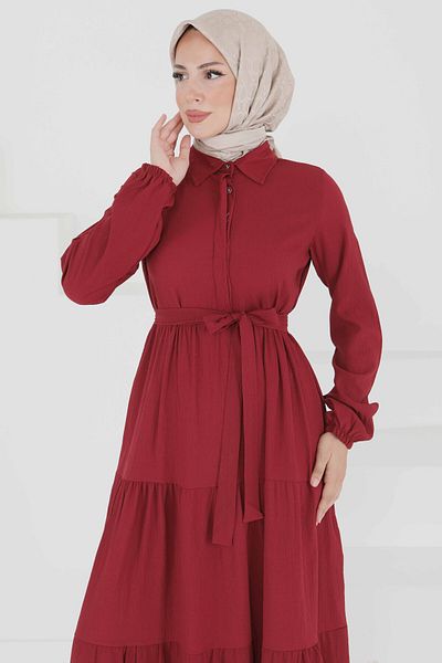 TOFİSA Belted Layered Dress Burgundy - 27345