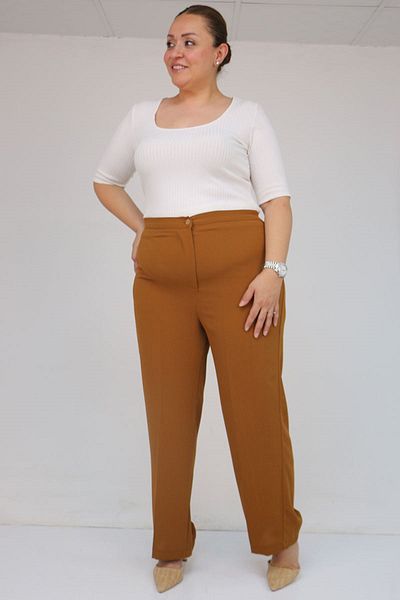 Eslina 59016 Plus Size Crepe Trousers with Button Waist - Mustard