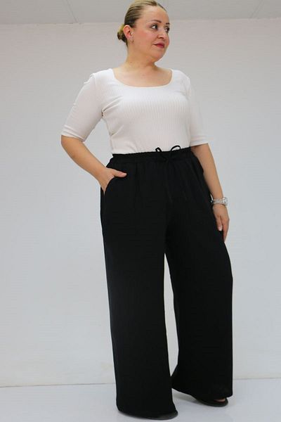 Eslina 59021 plus size elastic waist muslin wide leg pants - black