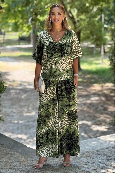 Nevin Kaya Moda Σικελία Πράσινη Τροπική Μοτίβο Παντελόνι Μπλούζα Σετ δύο τεμαχίων