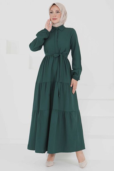 TOFİSA Belted Layered Dress Emerald - 27345