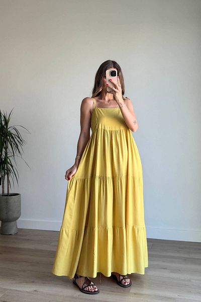 Sue Store Mustard Strap Square Neck Fragmented Maxi Dress