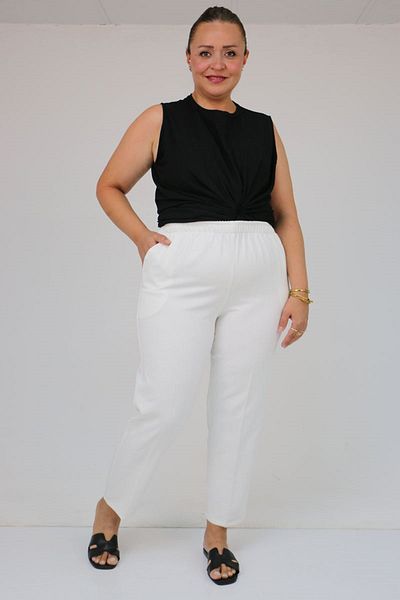Eslina 59018 Plus Size Pipe Leg Double Fabric Trousers - Ecru
