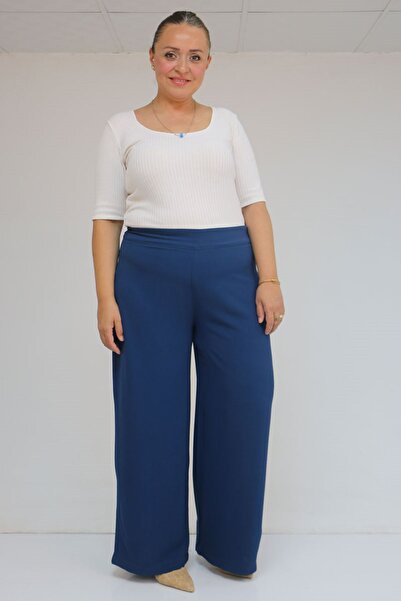Eslina 59011 Plus Size Molded Waistband Side Zipper Crepe Pants - Indigo