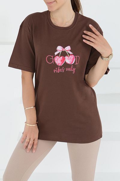 TOFİSA Printed Short Sleeve T-Shirt Brown - 27500