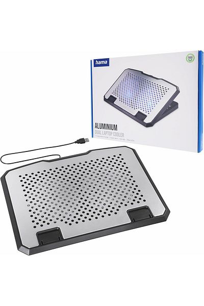 Hama مبرد وحامل كمبيوتر محمول من الألومنيوم - مروحتان هادئتان مع إضاءة LED زرقاء، تصميم قابل للإمالة، مزود بمنفذ USB