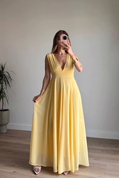 Sue Store Sarı Derin V Yaka Kalın Askılı Astarlı Şifon Elbise