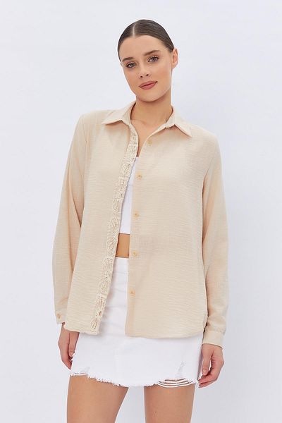VAGGON Women's Stone Toe and Back Lace Detailed Linen Shirt Vs00418