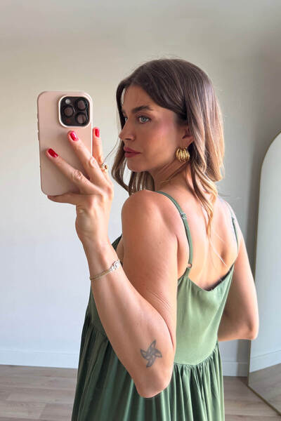 Sue Store Yeşil Askılı Kare Yaka Parçalı Maxi Elbise