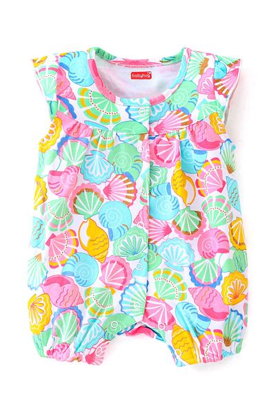 Babyhug 100% Cotton Knit Half Sleeves Romper with Sea Shell Print - Multicolour
