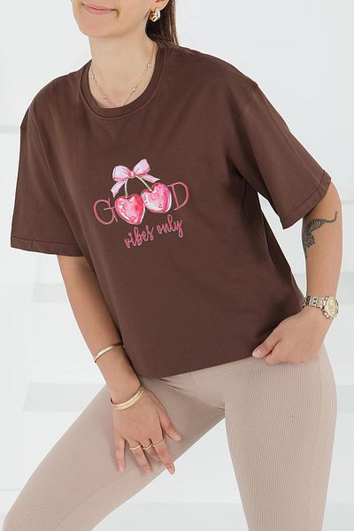 TOFİSA Printed Short Sleeve T-Shirt Brown - 27500