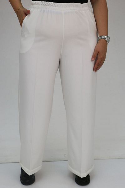 Eslina 59008 Large Size Double Leg Trousers with Elastic Waist - Ecru