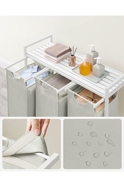 VASAGLE Cos de rufe, 3 compartimente, saci de rufe detasabili, raft, 3x38L, 93x33x72 cm, alb