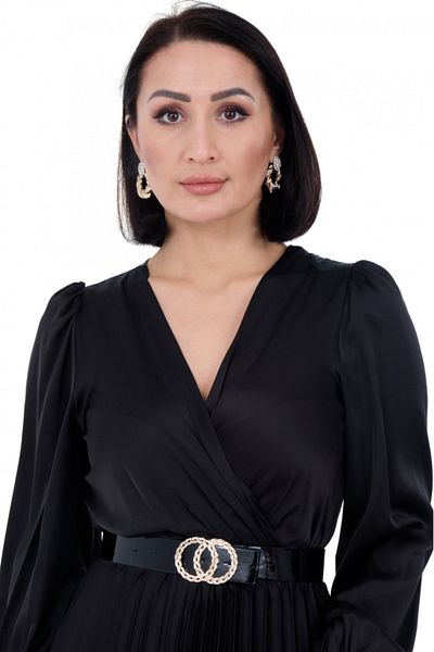 Fervente Elegant black satin midi dress with long sleeves, Iza - S(36)