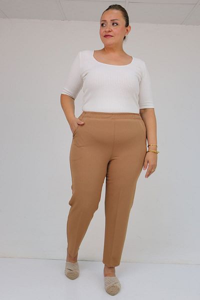 Eslina 59018 Plus Size Pipe Leg Double Fabric Trousers - Mink