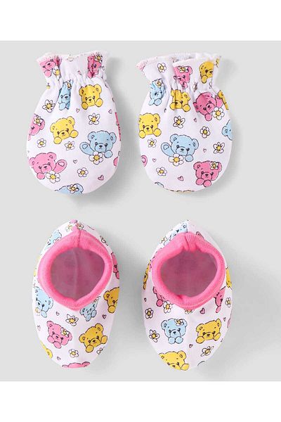 Babyhug 100% Cotton Knit Mittens & Booties with Teddy Print - White & Pink