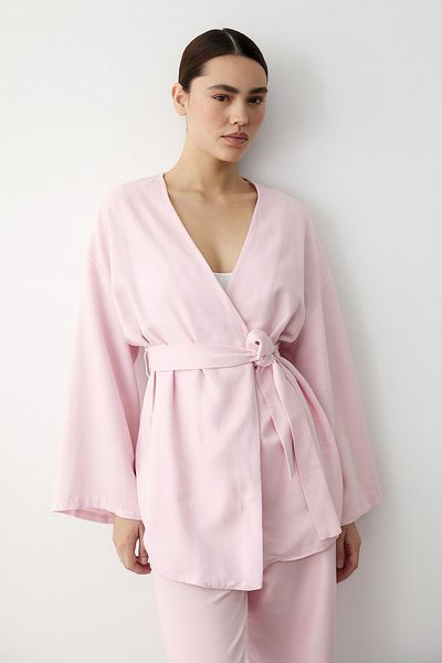 My Blog Pink Cotton Buttoned Belted Linen Kimono - 005