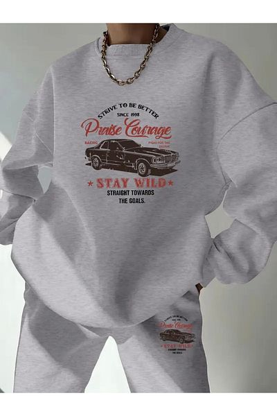 FUFLUNS Stay Wild Car Printed Unisex Oversize Circle Neck Tracksuit Set