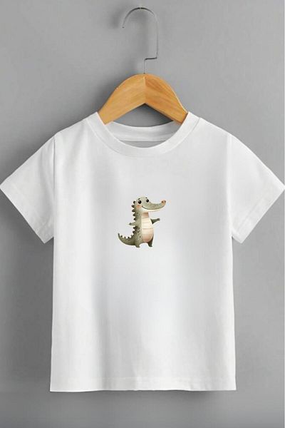 NO 601 Unisex White Crocodile Printed Children's Short Sleeve Combed Cotton T-Shirt