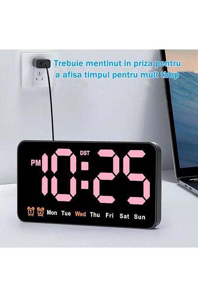 VTM Pink Digital Table and Wall Clock with LED, Alarm, Calendar, Temperature, Snooze, Night Mode