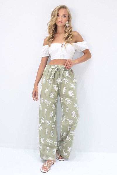 VAGGON Women's Green Flock Printed Palazzo Linen Pants Prmx14218