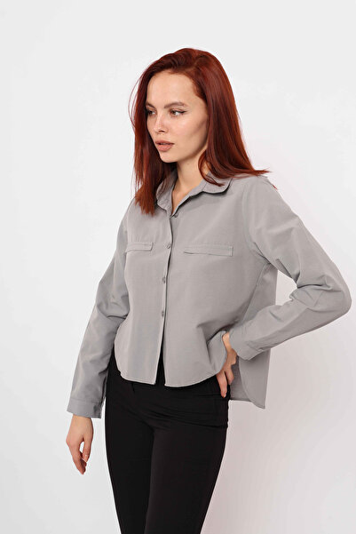 VAGGON Women's Gray Pocket Detailed Oversize Shirt Vs00403