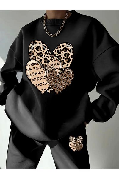 FUFLUNS Leopard Heart Printed Unisex Oversize Circle Neck Bottom/Upper Tracksuit Set