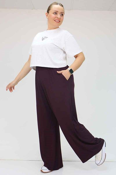 Eslina 39000 Plus Size High Waist Elasticized Wide Leg Combed Pants - Purple