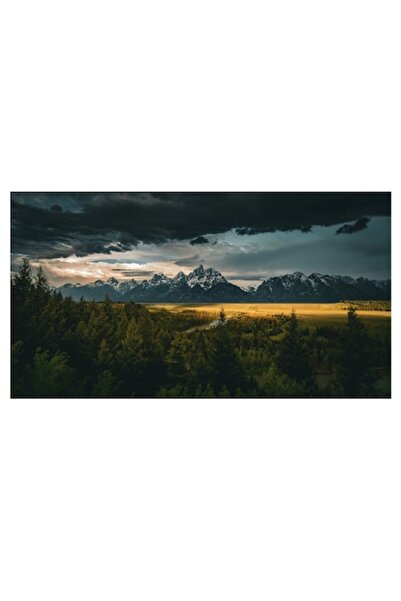 OEM Pictură pe pânză, „Răsărit de soare peste munți înnorați”, Montagne, Pădure, Cer, Nori, Apus de soare, Dramatic, L