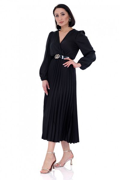 Fervente Elegant black satin midi dress with long sleeves, Iza - S(36)