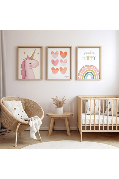 İkona Design Studio Çocuk Odası Unicorn Ahşap Çerçeveli 3'lü Poster Tablo Set...