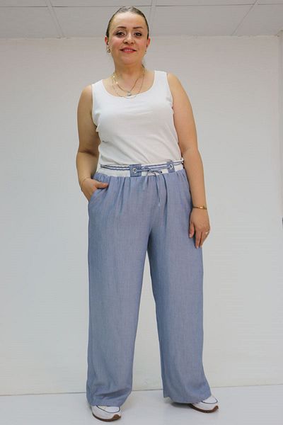 Eslina 59007 Large Size Belt Rib Detailed Xons Jeans - Navy Blue