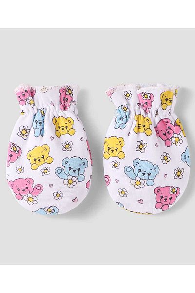 Babyhug 100% Cotton Knit Mittens & Booties with Teddy Print - White & Pink