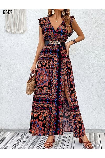 moda wanilia Women's Ethnic Patterned Slit Long Summer Single Jersey Dress