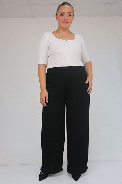 Eslina 59011 Plus Size Moldings Belted Side Zipper Crepe Pants - Black
