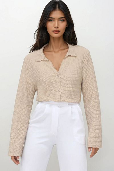 VAGGON Women's Beige V-Neck Spanish Sleeve Seersucker Summer Shirt Prmx13459