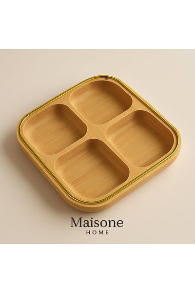 maisone home 4 Compartment Square Bamboo Presentation Plate – Natural Serving Plate with Gold Detail