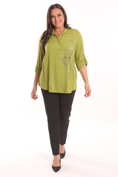 Metpoint Trend42Plus Large Size Stone Print Detailed Woven Pistachio Green Shirt