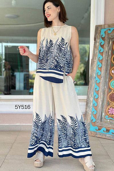İnce Topuk Zero Sleeve Patterned Casual 2 Piece Set 5Y516