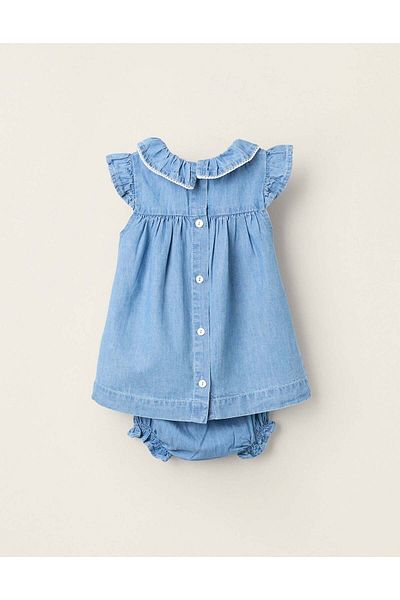 Ziddy Dress + Bloomers in Denim with Ruffles for Newborn Girls, Blue