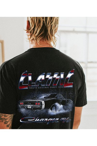 THE SHARK Custom Design Back Printed Classic Car Theme Black 100% Cotton Men's T-Shirt