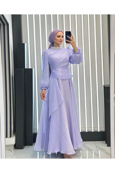 MERETTO By Akıl Judge Collar with Stones, Special Design Lined Jan Jan Fabric Long Evening Dress