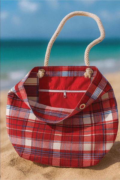 Çınar Bez Çanta Red Plaid Beach Bag