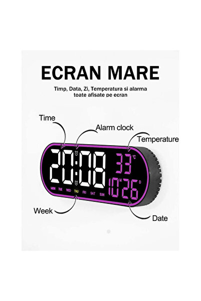 VTM Oval Digital Clock with Purple LED, Calendar, Stopwatch, 2 Alarms, Thermometer, Remote Control, 38cm