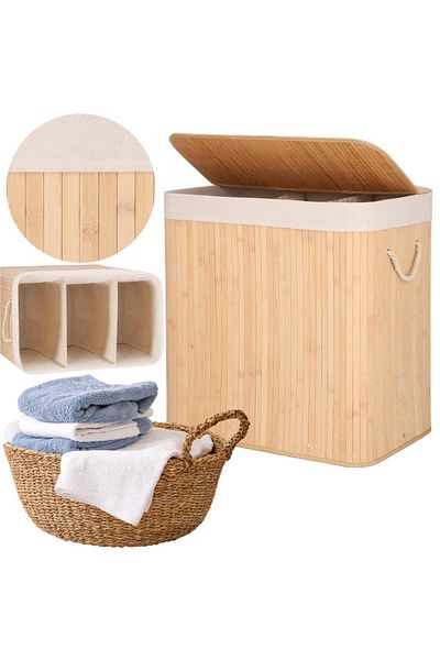 SERSIMO Cos de rufe din bambus, pliabil, cu captuseala detasabila lavabila, 150L, 63x42x62cm, maro