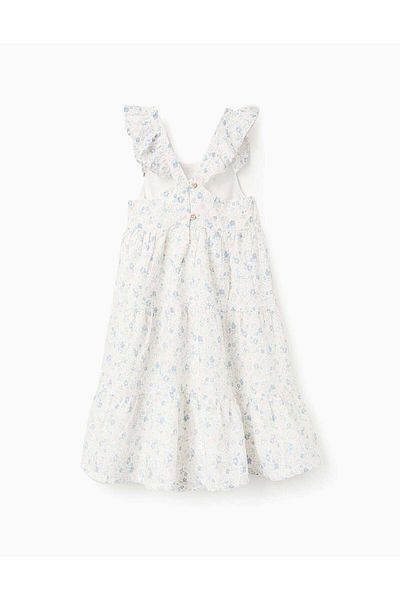 Ziddy Floral Cotton Dress with Ruffles for Girls, White