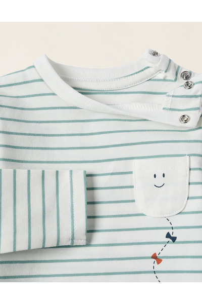 Ziddy Bodysuit with Striped Motif for Newborns 'Smiley', White/Green