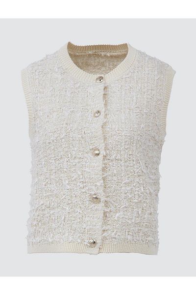 Jimmy Key Ecru Shiny Button Detailed Short Knitwear Vest