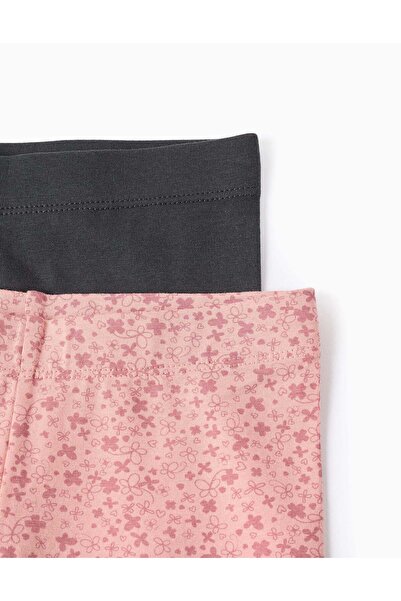 Ziddy Pack of 2 Floral/Smooth Leggings for Girls, Pink/Grey