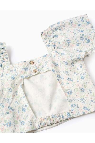 Ziddy Floral Top with Butterfly Sleeves and Open Back for Girls, White